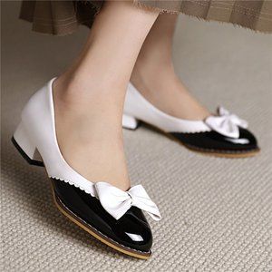 black white oxford saddle shoe spat almond toe gothic lolita patent bow heels